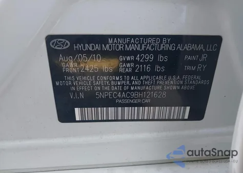 2011 Hyundai Sonata Se из США, поврежденный, VIN 5NPEC4AC9BH121628